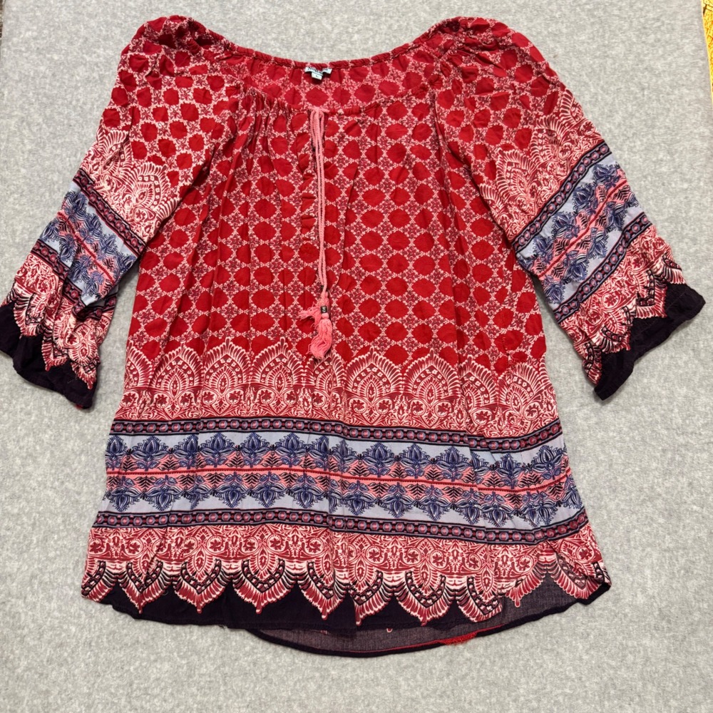 Nostalgia Red Paisley Boho Peasant Blouse Tassel Tie Bell Sleeve Large Boho